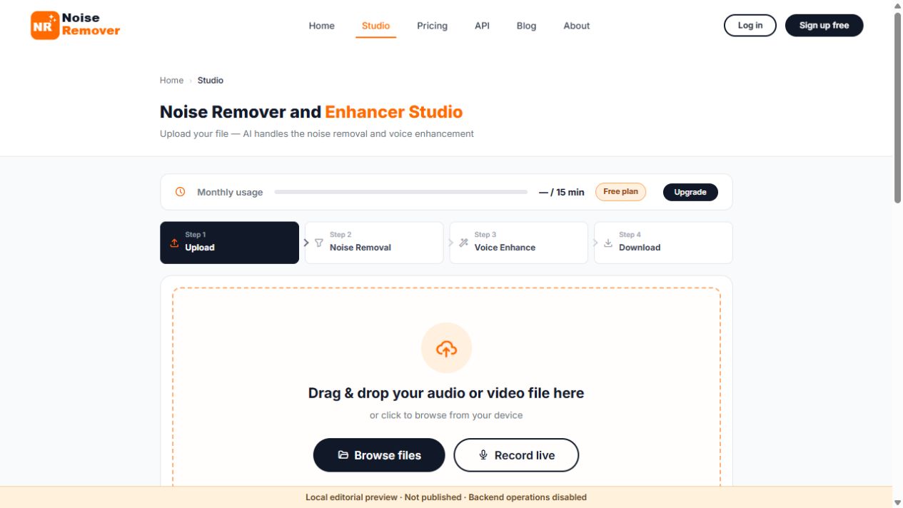 Current local Studio upload interface showing the file area and processing steps